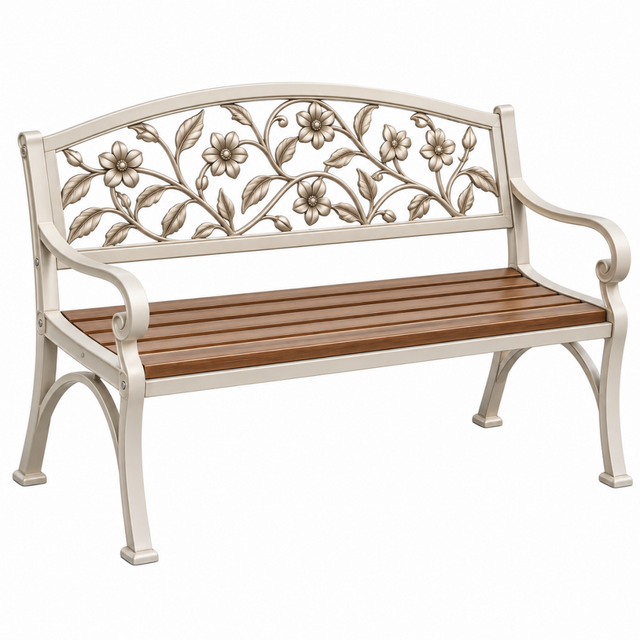 Gartenbank 125 x 60 x 90 cm aus Metall und Holz Cremebraun mit Blumenmuster