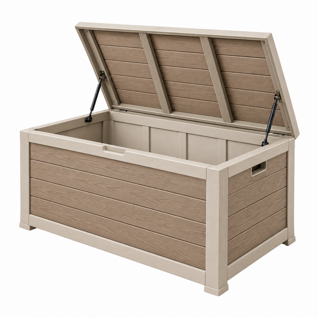 Auflagenbox 120 x 60 x 63 cm Kunststoff Taupe Holzoptik mit Klappdeckel für Außenbereich