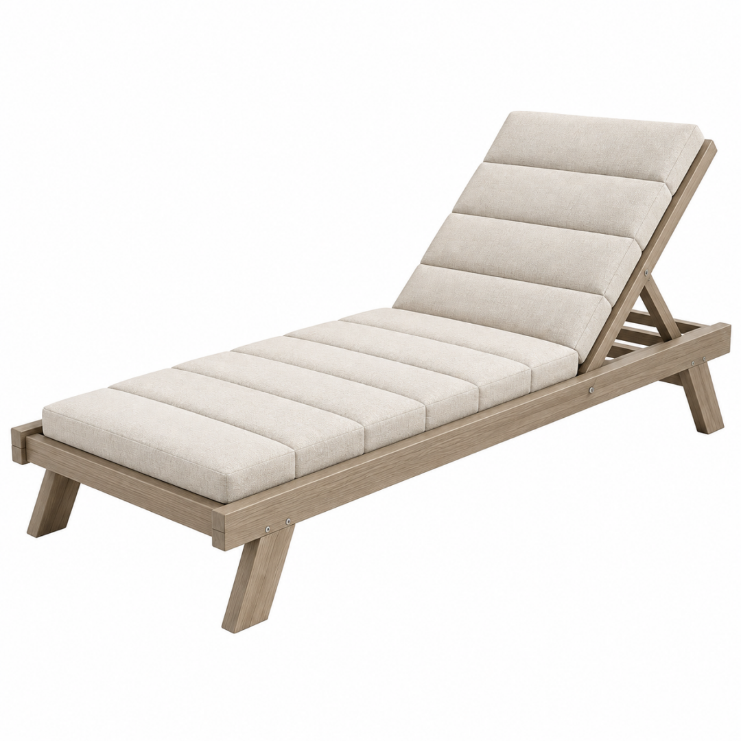 Gartenliege 200 x 70 cm aus Holz in Beige mit gepolsterter Auflage und verstellbarer Rückenlehne