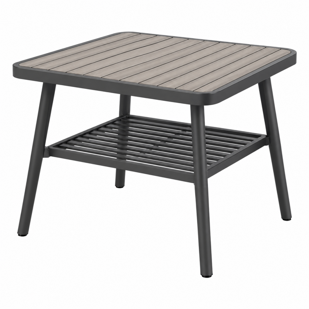 Outdoor Beistelltisch 55 x 55 x 50 cm Aluminium Grau Holzoptik mit Ablage