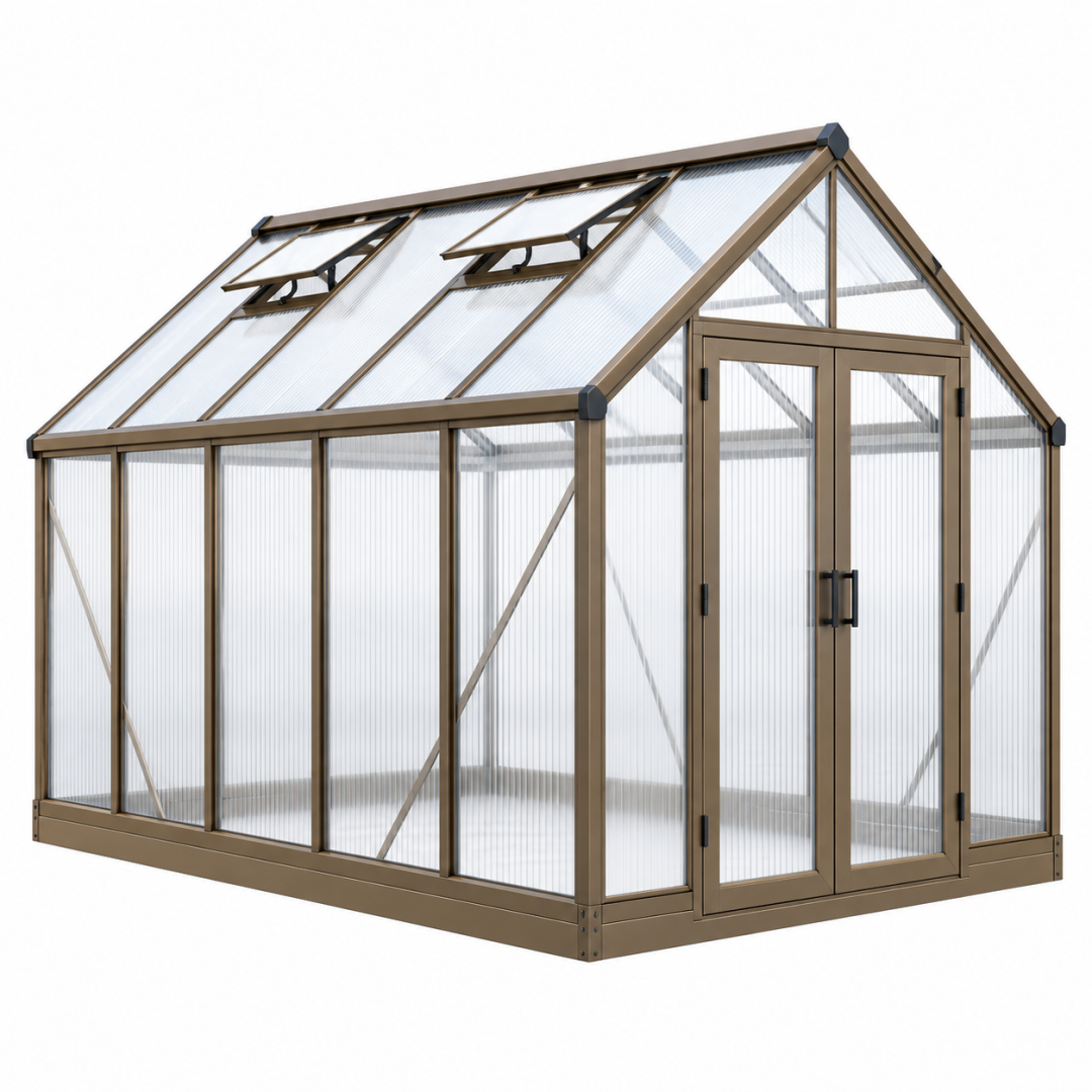 Gewächshaus 190 x 190 x 195 cm mit Metallrahmen in Bronze und Polycarbonatplatten mit Dachfenstern