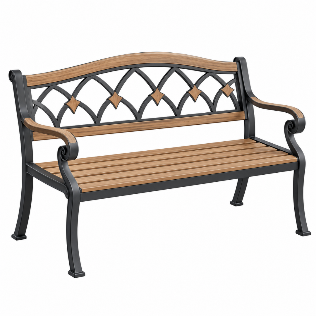 Gartenbank 122 x 63 x 88 cm aus Metall und Holz in Schwarz/Braun mit Armlehnen