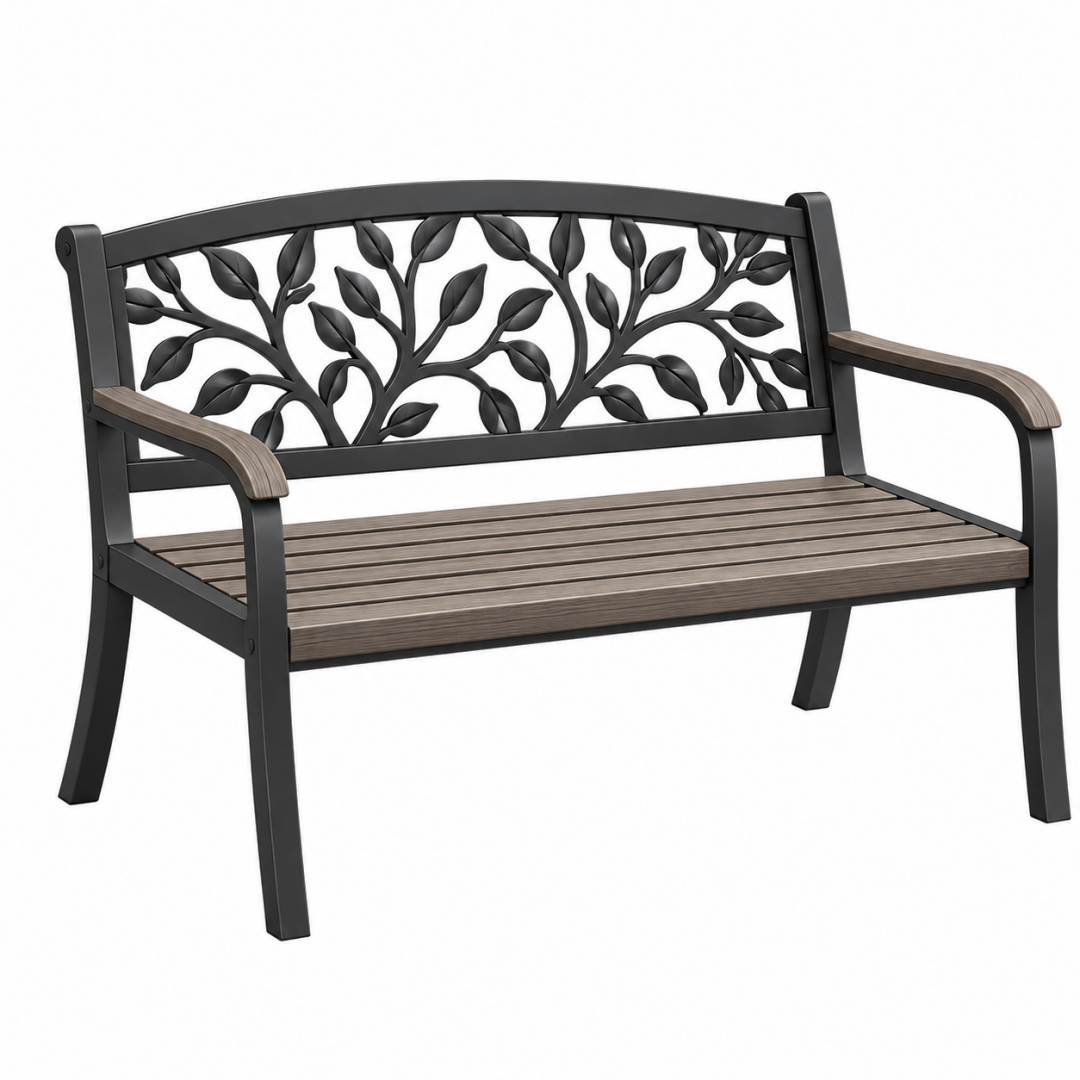 Gartenbank 122 x 63 x 88 cm aus Metall Schwarz Braun mit Blattmuster für Außenbereich