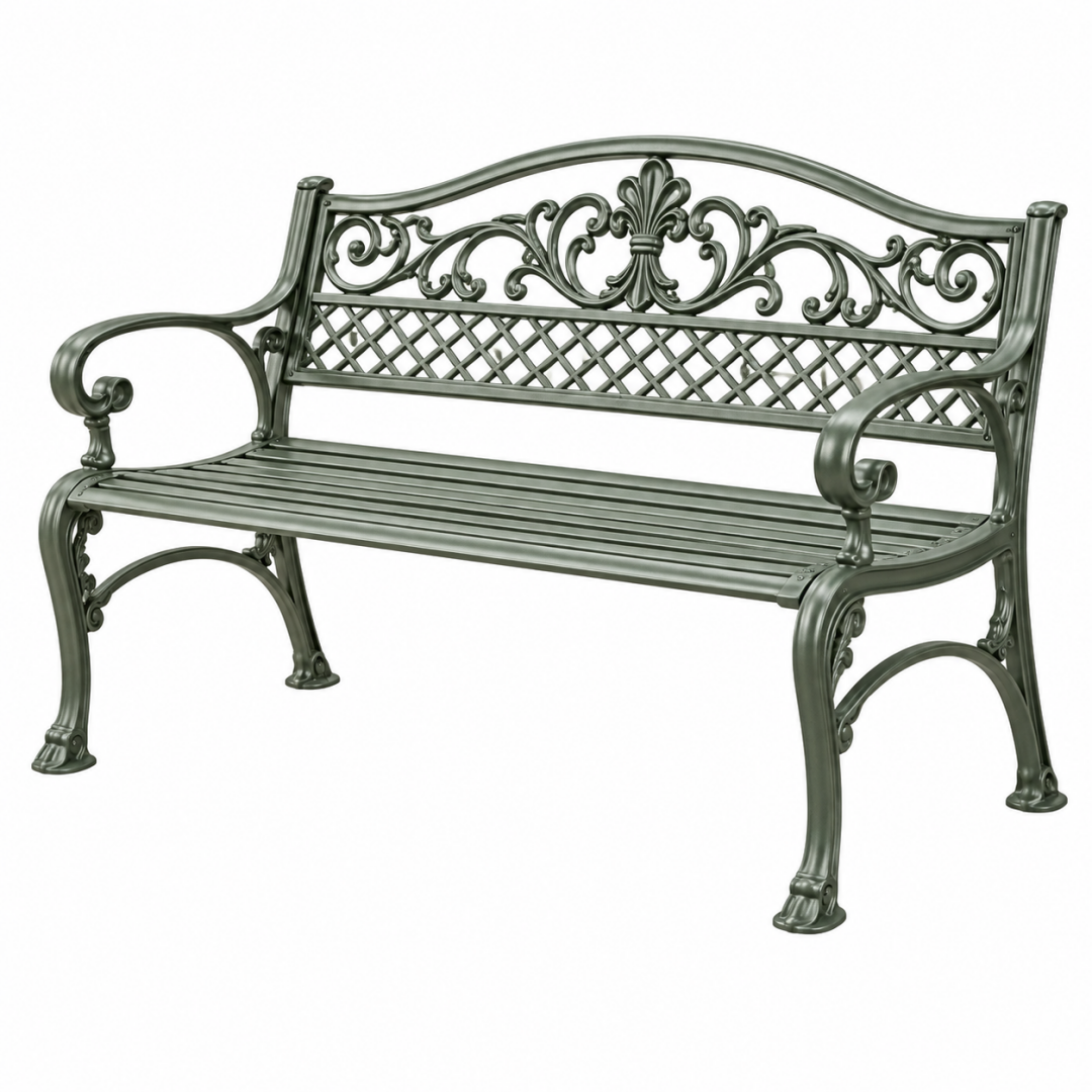 Gartenbank 126 x 60 x 87 cm aus Metall in Dunkelgrün mit ornamentaler Rückenlehne