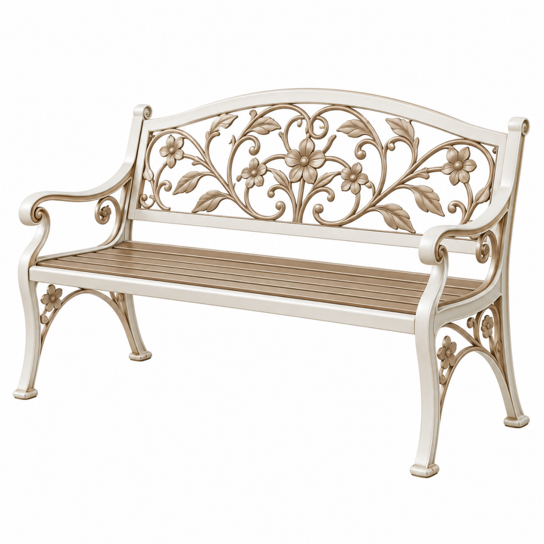 Gartenbank 125 x 60 x 95 cm Metall Creme Gold florales Vintage-Design