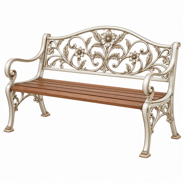 Gartenbank 150 x 60 x 95 cm aus Metall und Holz in Creme/Braun mit Blumenornamenten