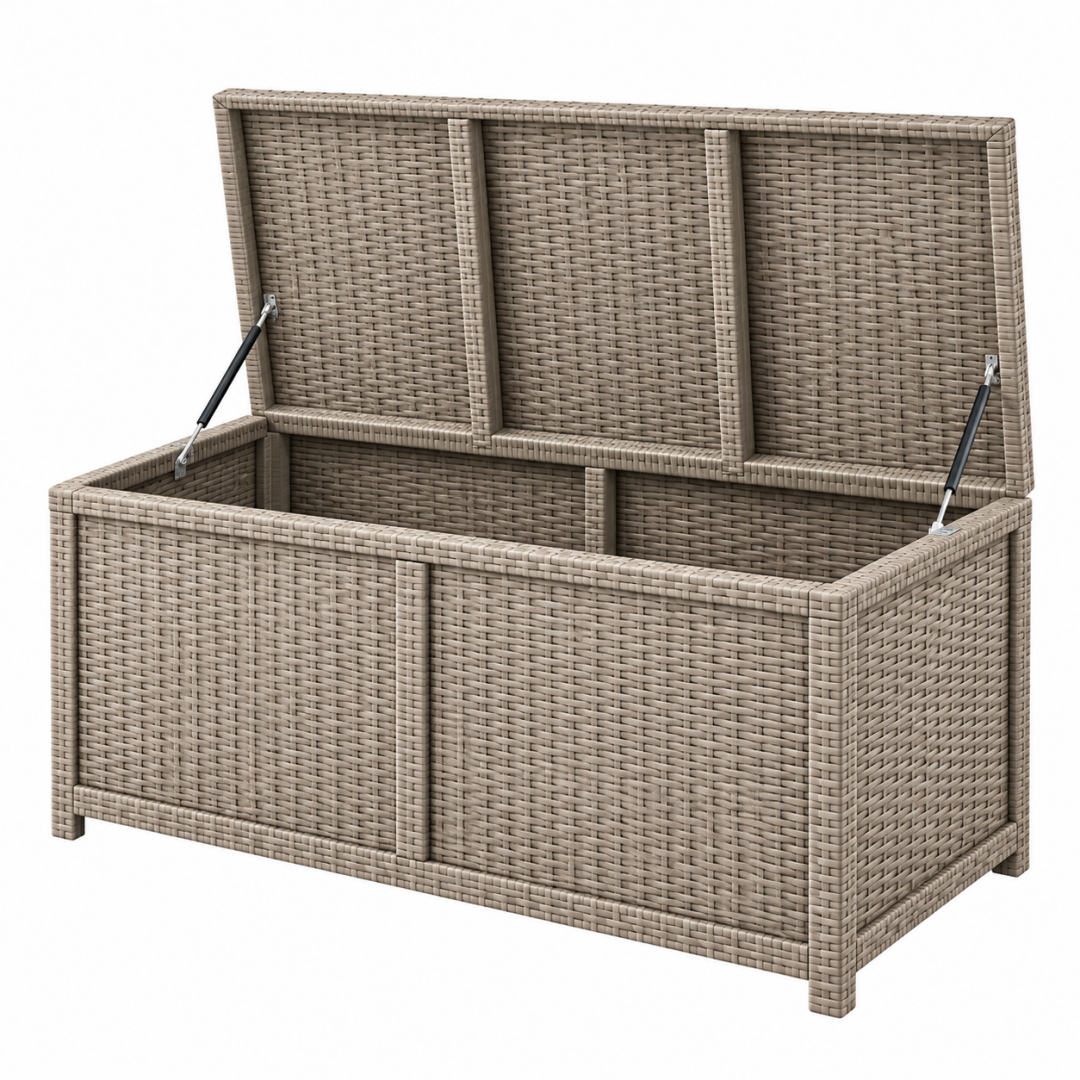 Aufbewahrungsbox 120 x 50 x 60 cm Taupe Polyrattan für Garten mit Gasdruckfedern