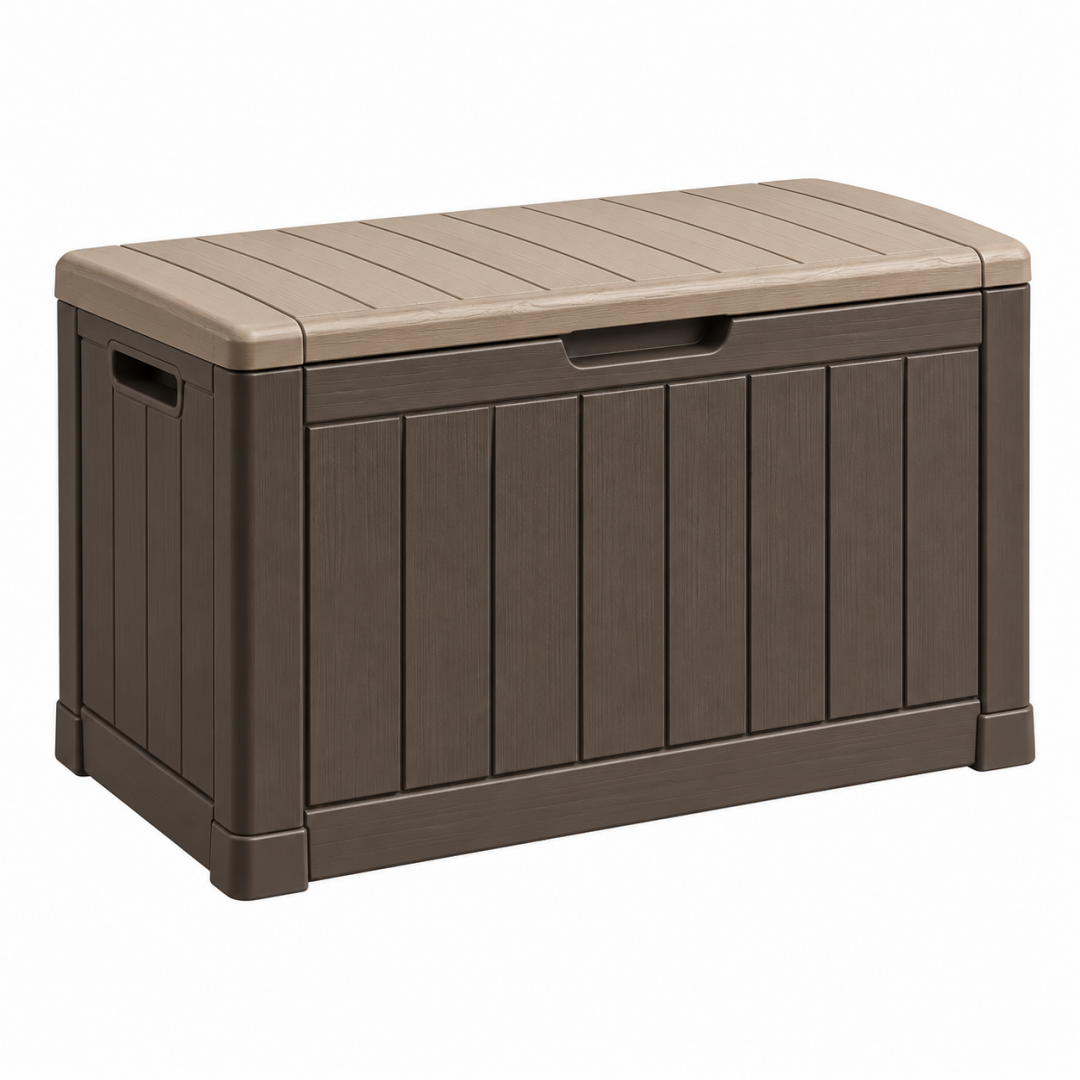 Aufbewahrungsbox 80 x 45 x 55 cm aus Kunststoff Braun Taupe in Holzoptik mit Klappdeckel