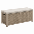 Aufbewahrungsbank 120 x 50 x 50 cm in Beige mit Metallrahmen und Geflechtoptik für Außenbereiche