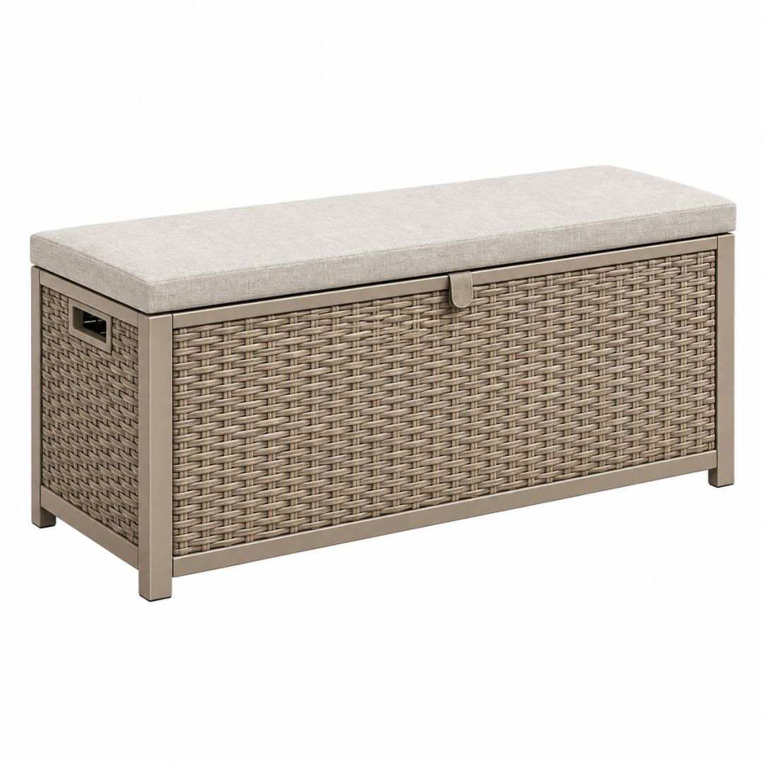 Aufbewahrungsbank 120 x 50 x 50 cm in Beige mit Metallrahmen und Geflechtoptik für Außenbereiche
