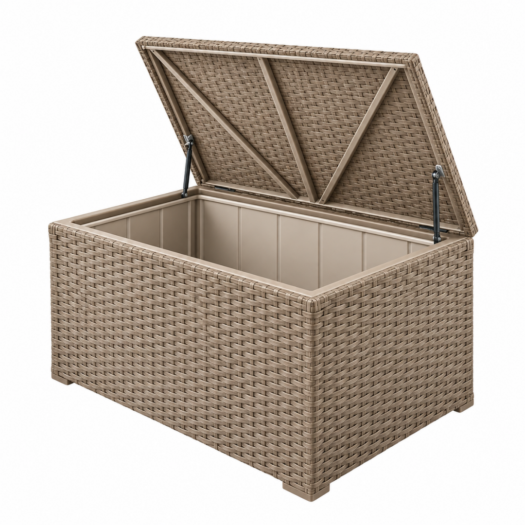 Aufbewahrungsbox 120 x 60 x 60 cm Polyrattan Taupe mit Klappdeckel für Außenbereich