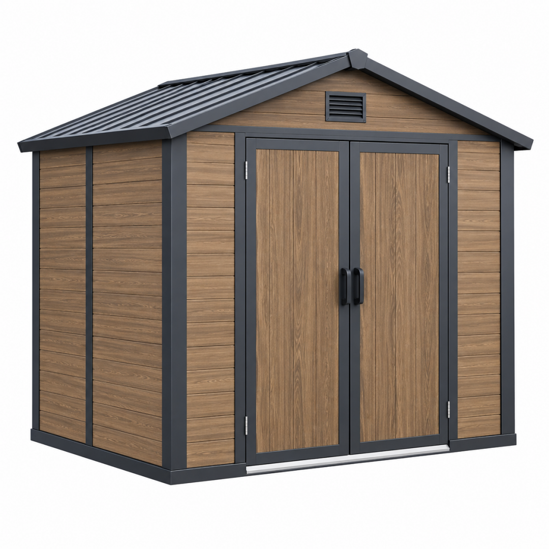 Gartenhaus 240 x 180 x 200 cm Kunststoff Holzoptik Braun Anthrazit - Doppeltür Satteldach