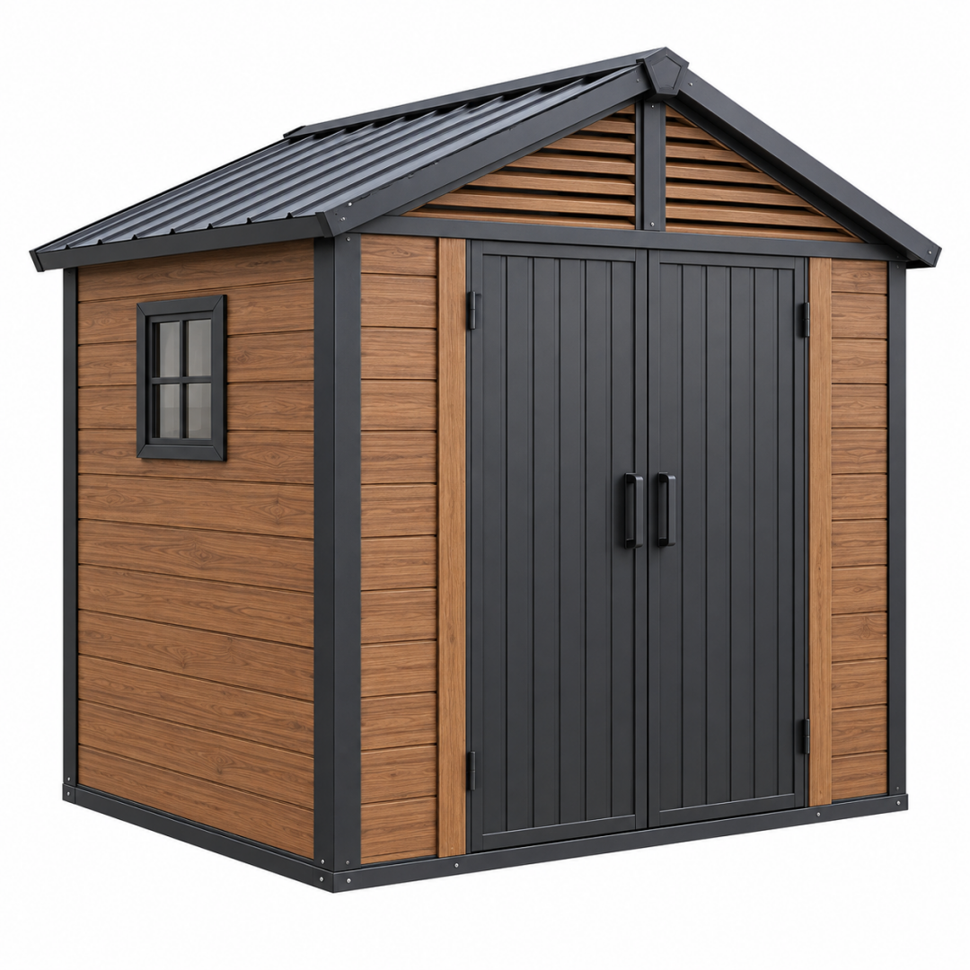 Gartenhaus 240 x 180 x 220 cm Stahl in Holzoptik mit Doppeltür und Fenster