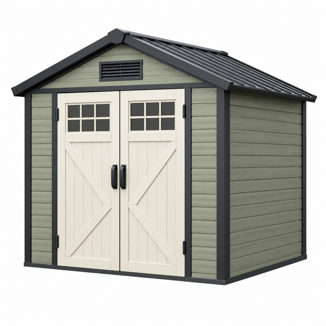 Gartengerätehaus 180 x 150 x 190 cm aus Kunststoff graugrün mit Doppeltür im Landhausstil